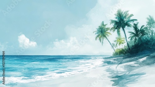 Dreamy Watercolor Scene of Tranquil Beach with Lush Palm Trees Under Bright Blue Sky