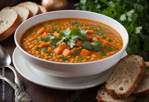 Carrot and lentil soup served in a bowl, topped with fresh parsley and onions, highlighting a nutritious meal, ai