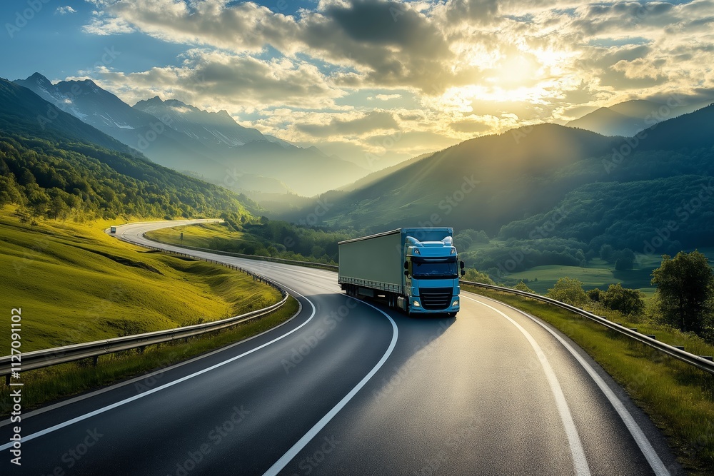 A blue semi truck is driving down a winding road in the mountains. The sun is setting, casting a warm glow over the landscape. The scene is peaceful and serene A blue semi truck is driving down a winding road in the mountains. The sun is setting, casting a warm glow over the landscape. The scene is peaceful and serene