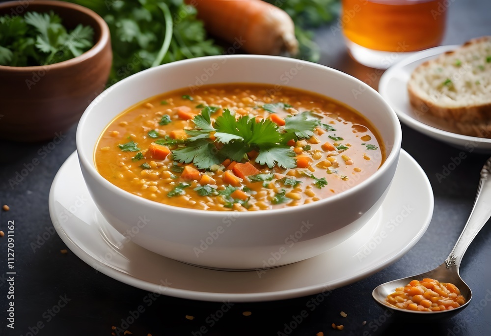 Carrot and lentil soup served in a bowl, topped with fresh parsley and onions, highlighting a nutritious meal, ai Carrot and lentil soup served in a bowl, topped with fresh parsley and onions, highlighting a nutritious meal, ai