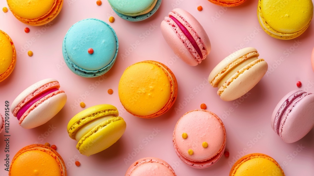 Colorful macarons on a pink background in a playful arrangement Colorful macarons on a pink background in a playful arrangement