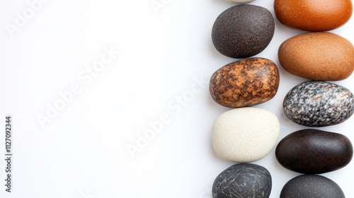 A Collection of Smooth River Pebbles in Various Colors and Patterns Arranged Harmoniously on a Bright Background for Natural Decor and Design Inspiration photo