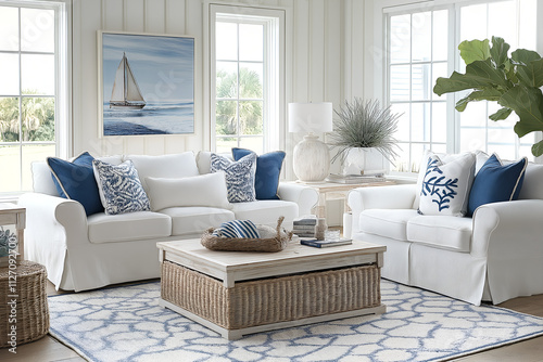 Bright coastal living room with white furniture, nautical accents, and a soothing blue-and-beige color palette photo