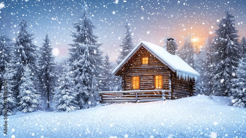 Cozy wooden cabin in a snow-covered forest, warm light glowing from windows, surrounded by frost-covered trees, magical winter night. Cozy wooden cabin in a snow-covered forest, warm light glowing from windows, surrounded by frost-covered trees, magical winter night.