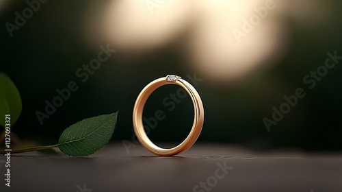 A close-up of an elegant gold ring with a small diamond, resting on a smooth surface. against a blurred dark background, illuminated by soft light, conveying a sense of luxury and romance. 