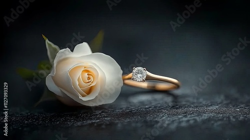 A white rose and diamond ring, on a dark background, beauty shot, high-resolution photography, stock photo, professional color grading, award-winning photography, natural lighting. 