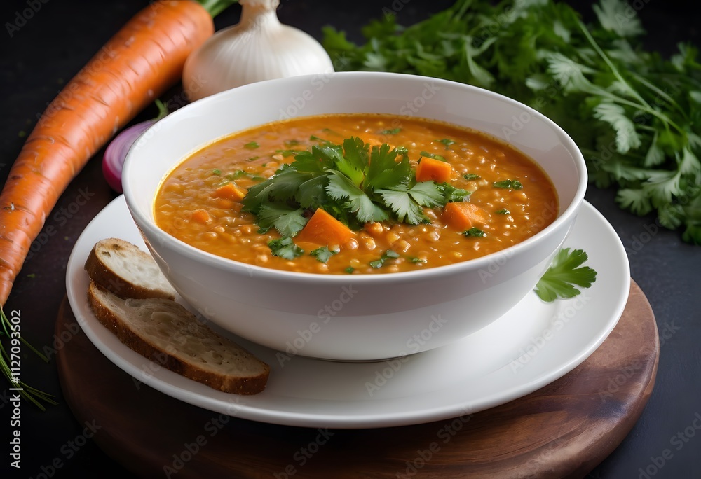 Carrot and lentil soup served in a bowl, topped with fresh parsley and onions, highlighting a nutritious meal, ai Carrot and lentil soup served in a bowl, topped with fresh parsley and onions, highlighting a nutritious meal, ai