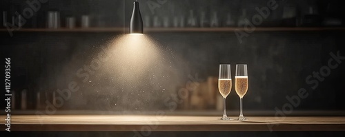 A modern minimalist bar with two champagne glasses on the counter, a spotlight shining down from above onto them, dust particles floating in front of it, very detailed, hyper-realistic, cinematic look