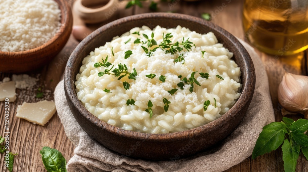 Creamy Risotto Dish with Fresh Herbs Served in a Rustic Bowl Creamy Risotto Dish with Fresh Herbs Served in a Rustic Bowl