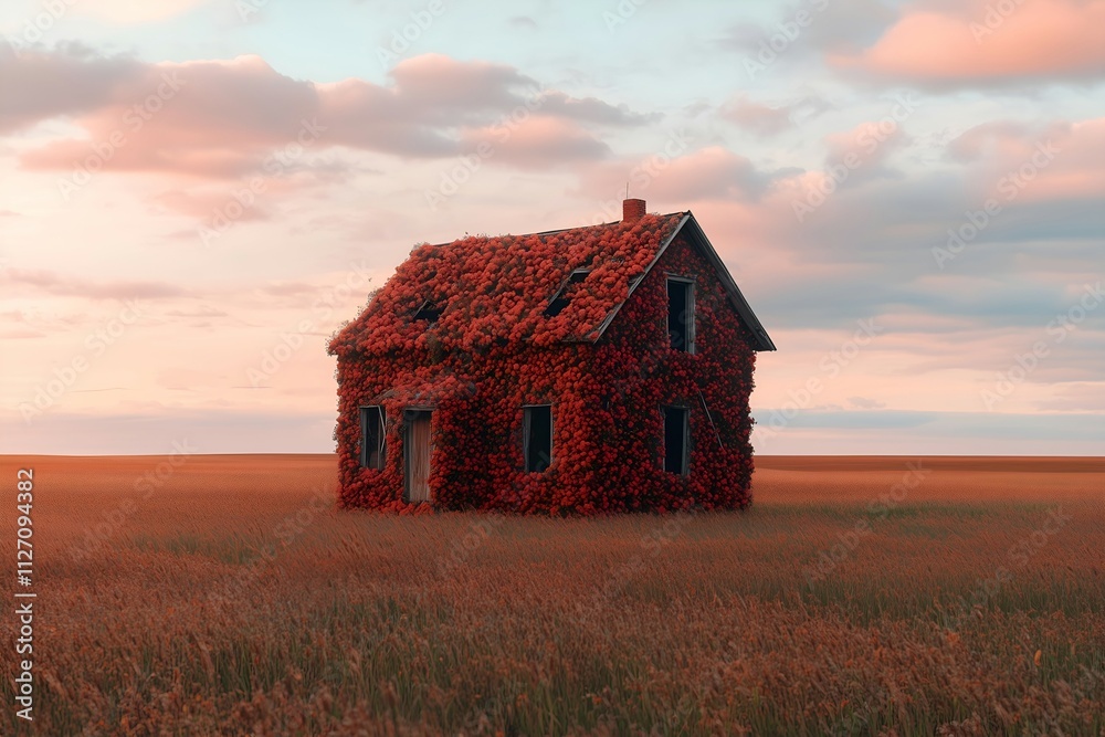 Abandoned House Overgrown with Red Vines in Field Abandoned House Overgrown with Red Vines in Field