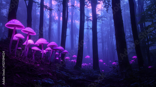 Enchanted forest bathed in cosmic light, glowing mushrooms, and mystical fog under a vibrant purple-blue night sky.