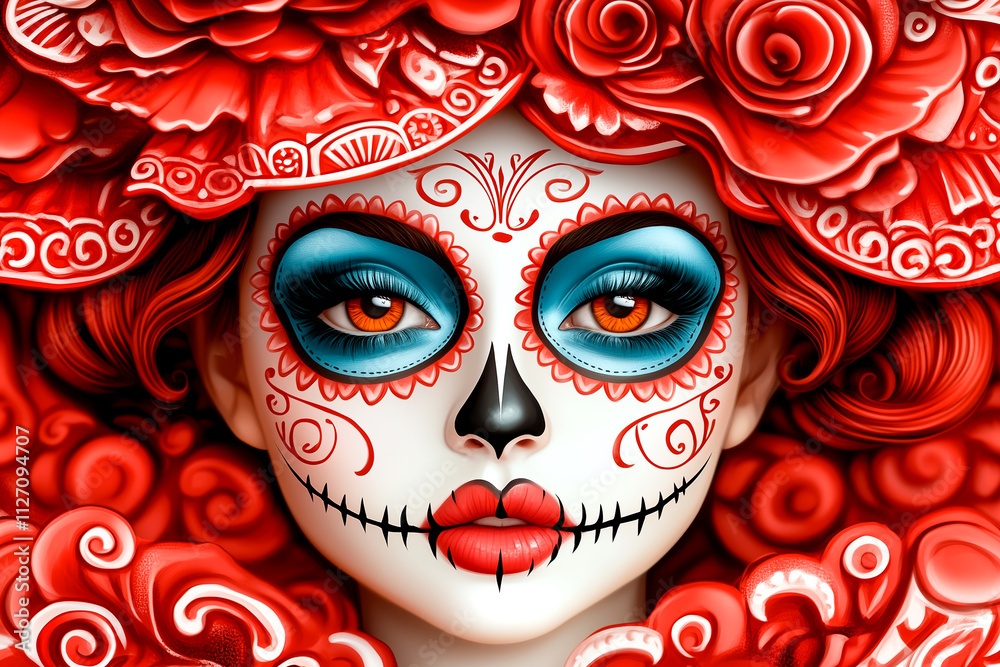 A woman with a red and white face with a skull on it. The skull is surrounded by flowers and the woman has red lips A woman with a red and white face with a skull on it. The skull is surrounded by flowers and the woman has red lips
