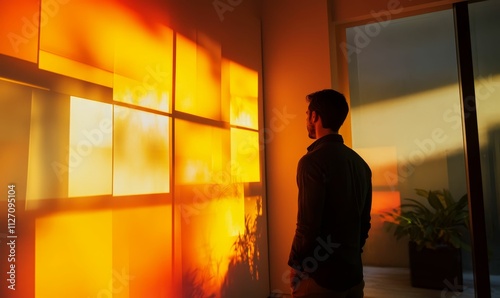 Silhouette, amber light, wall panels, indoor scene.