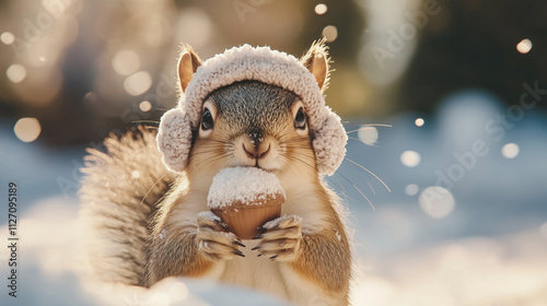 Adorable squirrel enjoying a winter treat in the snow photo