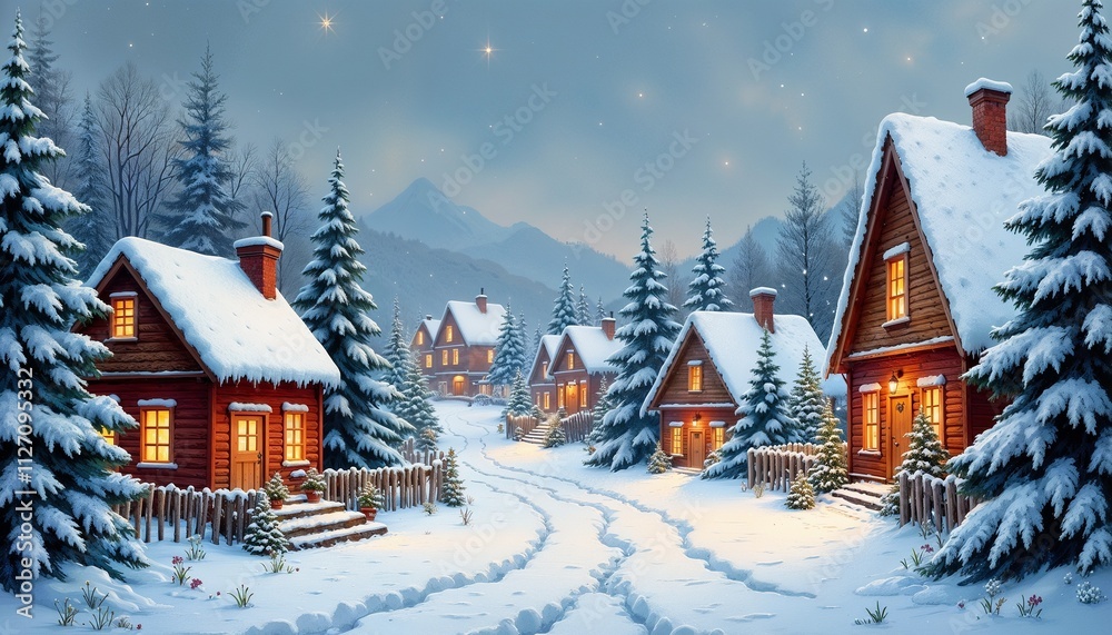 Fototapeta premium Snowy village with cozy cabins and glowing lights at night