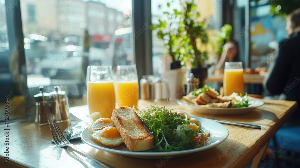 Fresh Breakfast Table Setting with Juices and Plates in Cozy Cafe