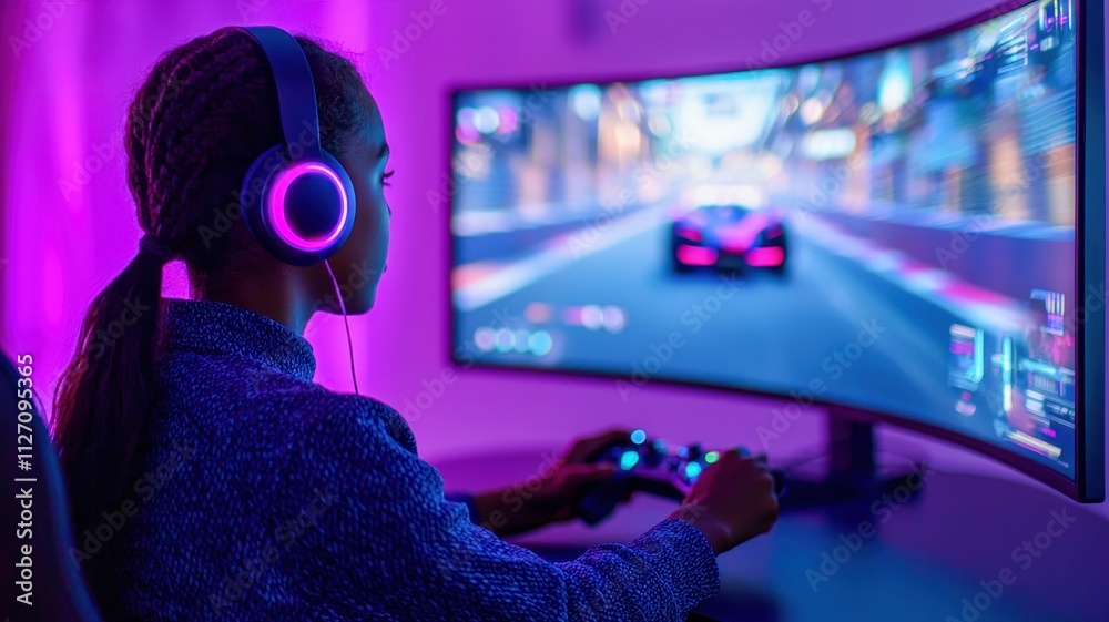 A teen wearing glowing headphones and gripping a joystick, immersed in a futuristic racing game displayed on a curved widescreen monitor. A teen wearing glowing headphones and gripping a joystick, immersed in a futuristic racing game displayed on a curved widescreen monitor.