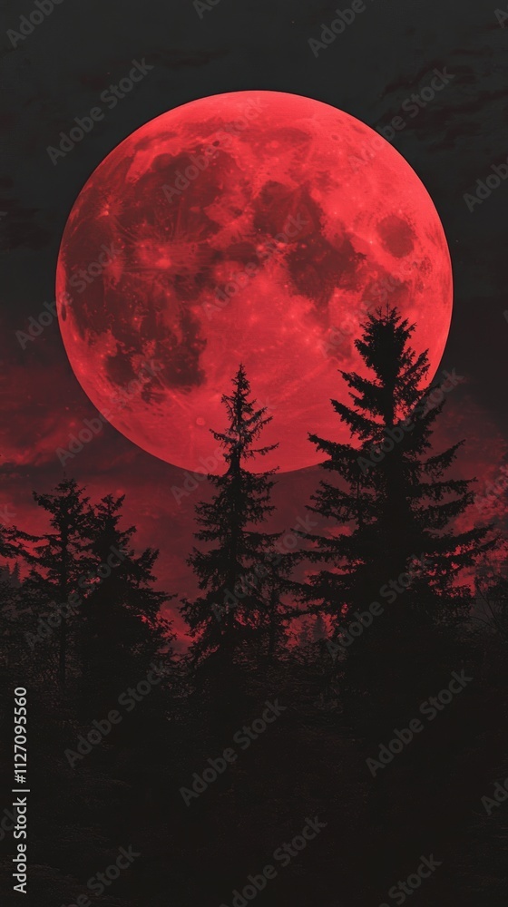 Fototapeta premium Red Moon Silhouette of Trees Against Dark Night Sky