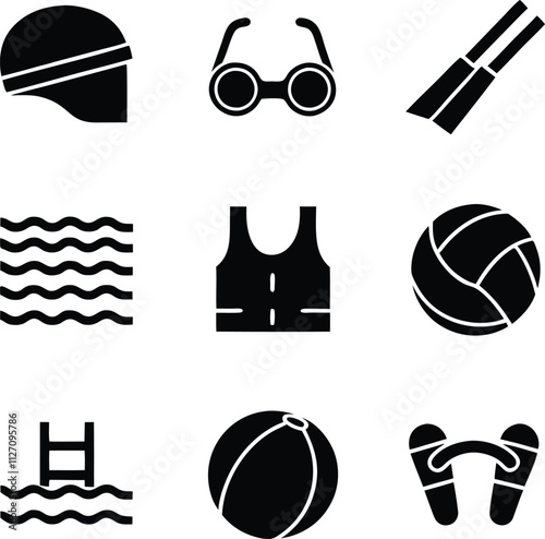 Swimming Pool Icons Gear, Safety, and Water Fun