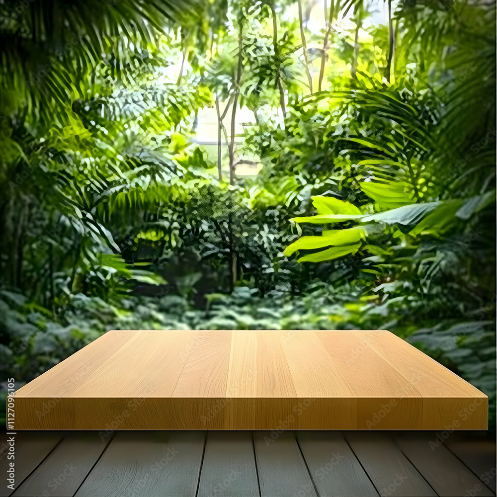 Lush Greenery Background with Wooden Tabletop Illustration Lush Greenery Background with Wooden Tabletop Illustration