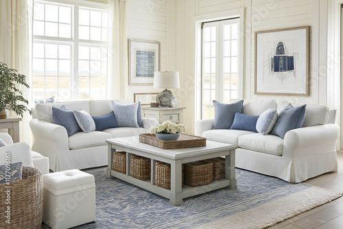 Bright coastal living room with white furniture, nautical accents, and a soothing blue-and-beige color palette