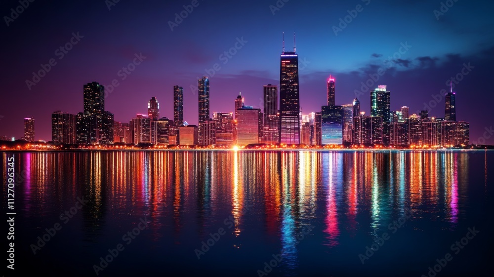 Fototapeta premium Stunning Night Skyline with Bright City Lights and Reflection