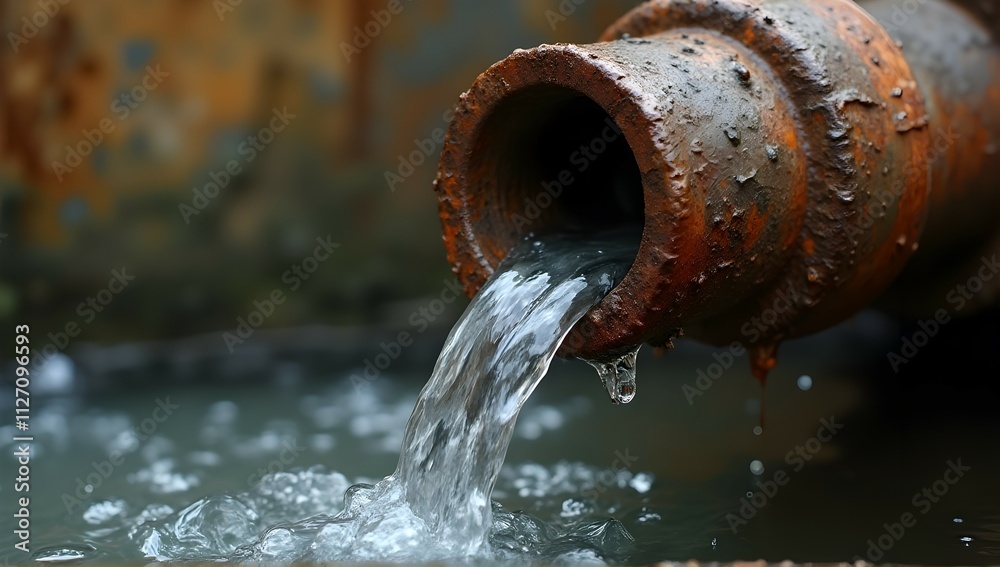 Ancient rusty pipe pours life-giving water, a timeless scene of nature's resilience and the passage of time.  Pure, refreshing flow.