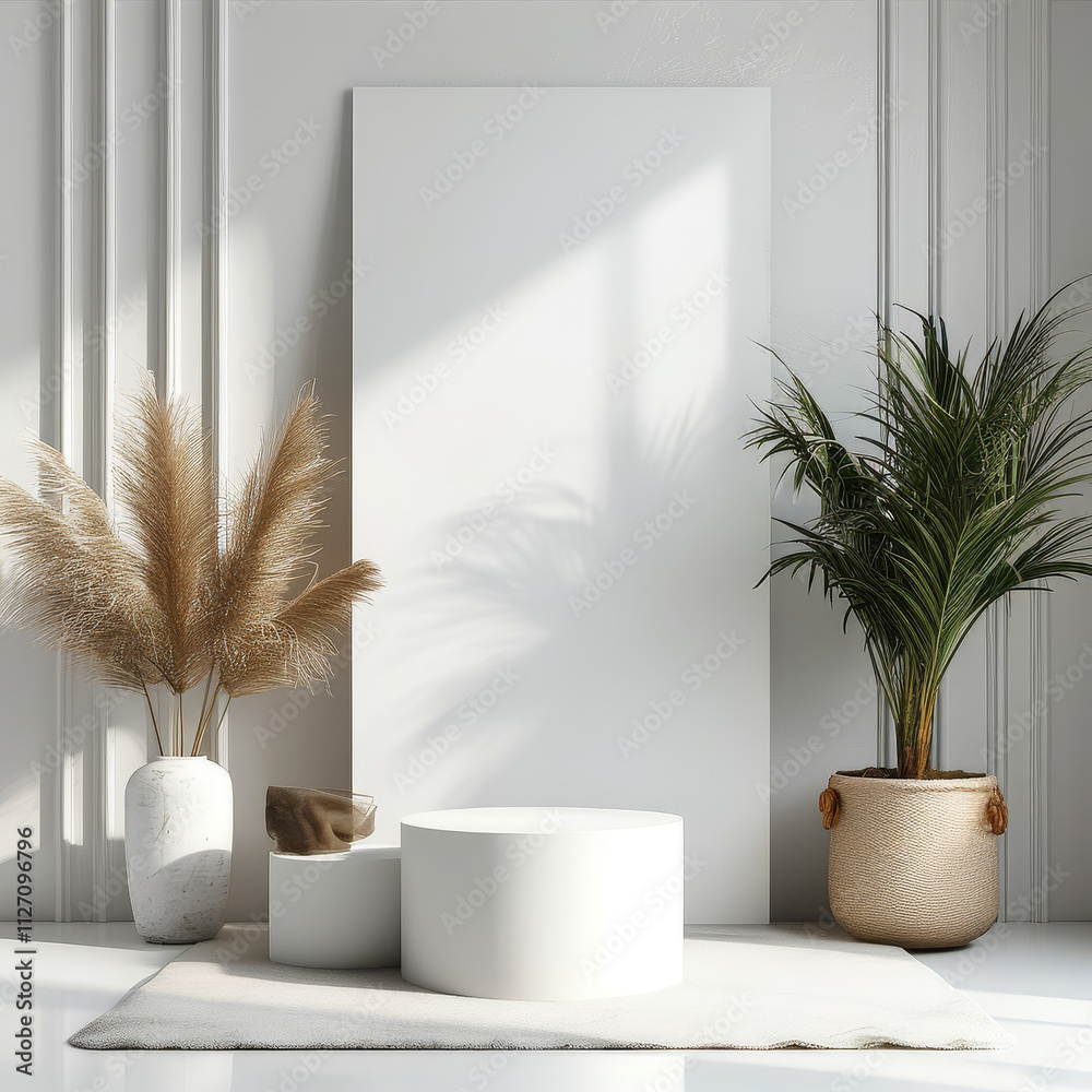 Empty frame art mockup wall, Picture frame on wall, White studio template Product display with modern concept, modern decorations, luxury interior Empty frame art mockup wall, Picture frame on wall, White studio template Product display with modern concept, modern decorations, luxury interior