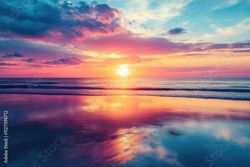 Vibrant Sunset Over Calm Ocean Beach Scene
