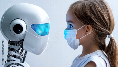 A robot and a girl with masks face each other, symbolizing the intersection of technology and humanity in a post-pandemic world. photo