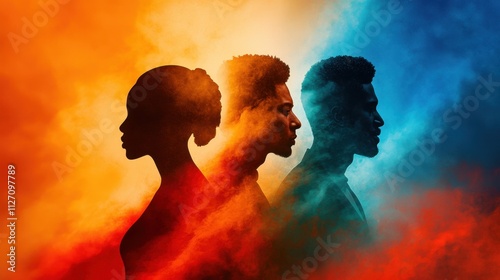 A striking graphic featuring silhouettes of influential figures in Black history, set against a backdrop of vibrant colors symbolizing strength, resilience, and unity. photo