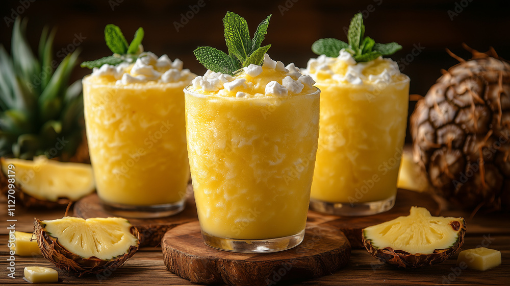 Pina Colada smoothie with whipped cream and mint in glasses, tropical style Pina Colada smoothie with whipped cream and mint in glasses, tropical style