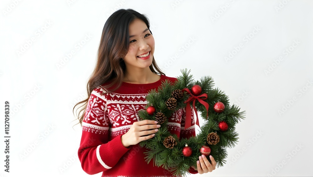 Joyful woman in red sweater holds a festive Christmas wreath, adorned with pine cones and red ornaments. A perfect holiday image! Joyful woman in red sweater holds a festive Christmas wreath, adorned with pine cones and red ornaments. A perfect holiday image!