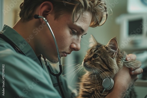 A veterinarian caring for a cat, showcasing compassion and dedication to animal health. photo