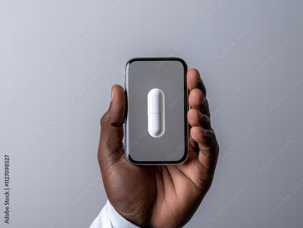 A hand holding a sleek smartphone with a minimalistic design, showcasing a white button on a gray background. A hand holding a sleek smartphone with a minimalistic design, showcasing a white button on a gray background.