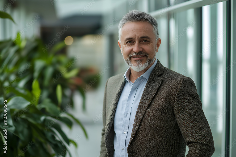 Portrait of successful businessman consultant looking at camera and smiling inside modern office building Portrait of successful businessman consultant looking at camera and smiling inside modern office building