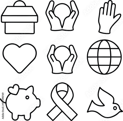 Nine Charity Icons Donation, Care, Global Aid, Support