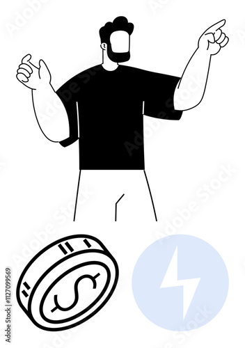 Man points upwards, signifying progress. Below, a coin symbolizes financial prosperity beside an energy icon. Ideal for finance, power, economy, growth business success investment. Line metaphor
