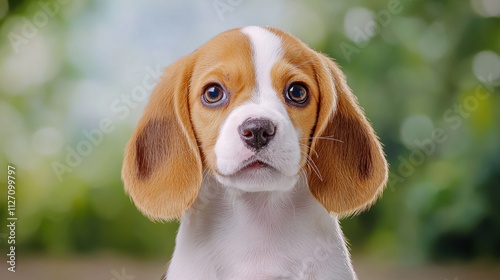 The portrait depicts a playful beagle puppy with soft, floppy ears and soulful brown eyes, looking directly at the viewer with a curious expression photo