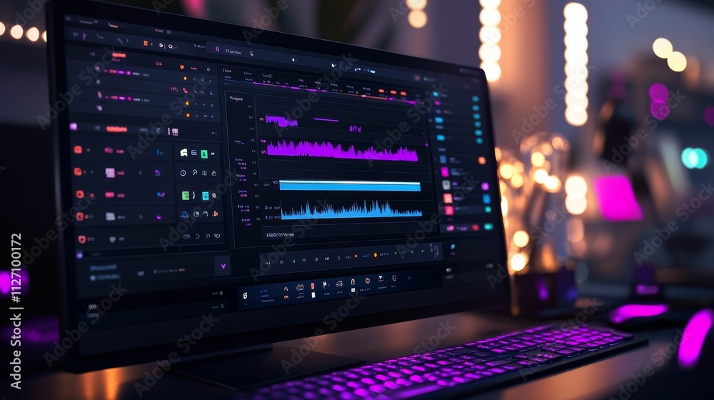Audio waveforms displayed on computer screen. Audio waveforms displayed on computer screen.