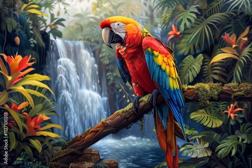 A vibrant parrot perched on a branch in a lush tropical rainforest setting. photo