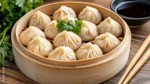 Eight neatly arranged steamed dumplings sit inside a bamboo steamer. Fresh cilantro and a small bowl of sauce accompany the dish on a wooden board, enhancing the meal's presentation