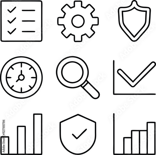 Checklist, Gear, Security, Time, Search, Progress, Charts, Data Analysis Icons