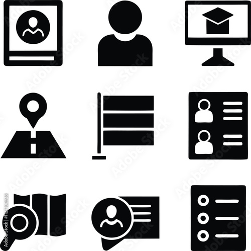 Simple Black Glyph Icons Profile, Location, Education, and List