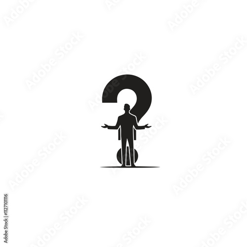 Silhouette of a person standing with arms open in front of a large question mark. The image symbolizes uncertainty and curiosity, perfect for concepts involving decision making and mystery.