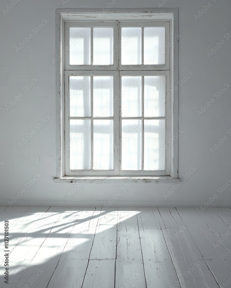 A minimalist interior featuring a white window with sheer curtains and light on the floor. A minimalist interior featuring a white window with sheer curtains and light on the floor.