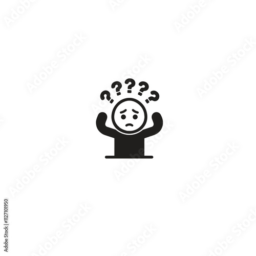 A simplistic black and white confused emoji illustration with question marks above, expressing uncertainty, doubt, or confusion. Perfect for conveying perplexity in communication or design projects.