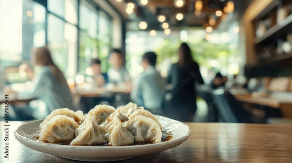 Fototapeta premium Delicious Plate of Dumplings Served with Soy Sauce in a Cozy Restaurant Setting