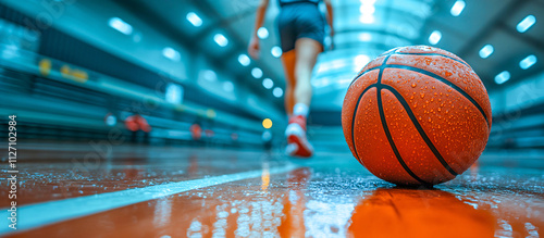 Basketball ball lying on court with player walking away after training