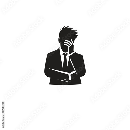 Silhouette of a Stressed Businessman Holding Head in Contemplation. Highlighting emotions of stress and uncertainty in corporate life.